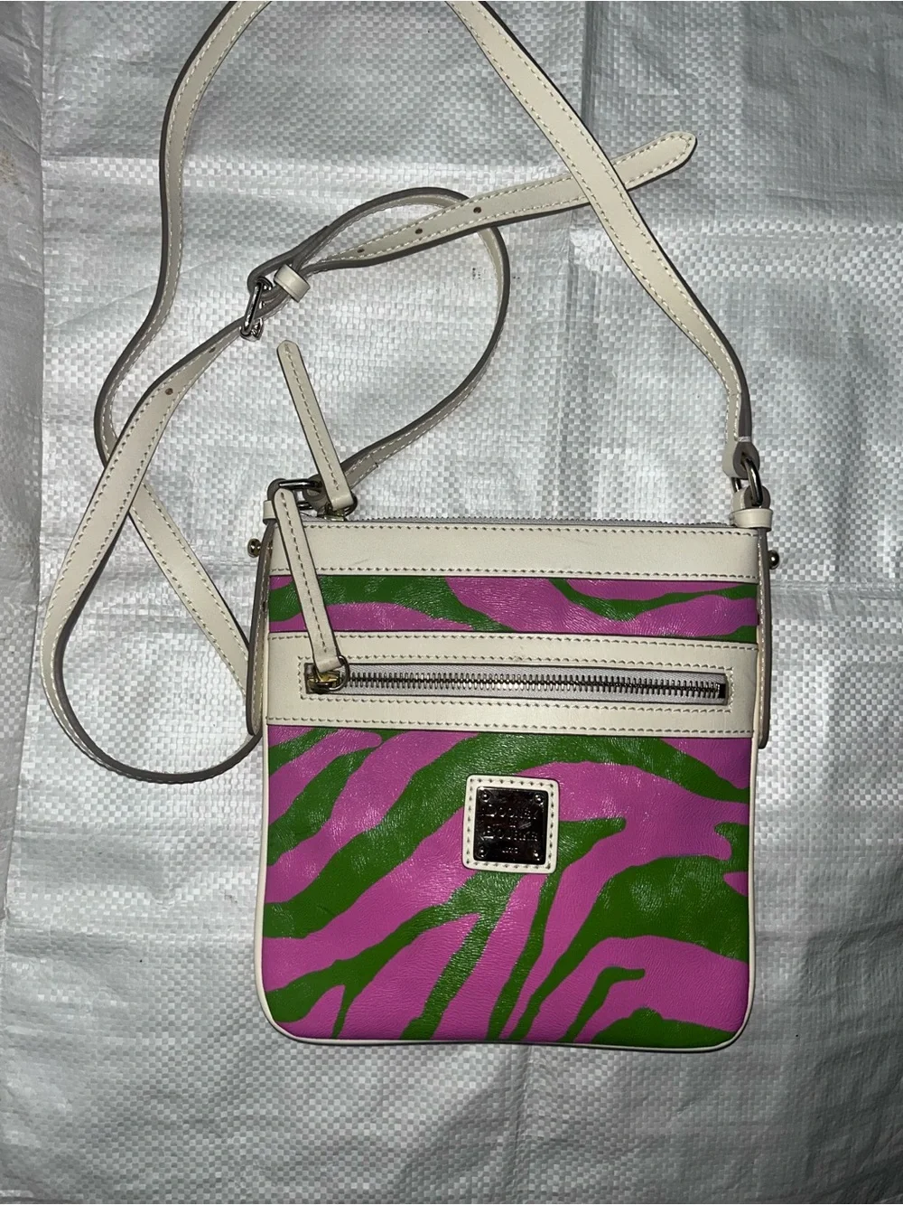 Cream Crossbody Bag with Pink and Green Zebra Print Dooney and Burke